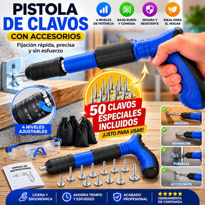Pistola Clavadora Profesional 4 Niveles con Accesorios – Fijación Rápida para Madera, Hormigón y Bricolaje